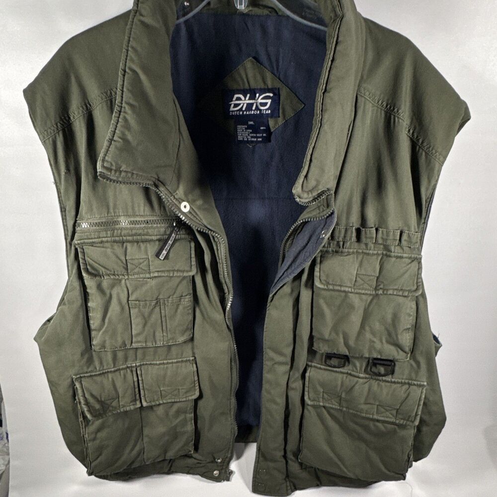 DHG Dutch Harbor Gear Men’s Green Full Zip Utility Vest Multi-Pocket Lined 3XL